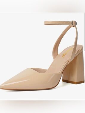 Ankle-Strap Pointed Toe Block Heel Pumps - Nude